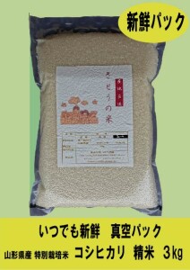 新鮮パック!　令和７年産 山形県庄内産　コシヒカリ  特別栽培米 さとうの米 精米３kg